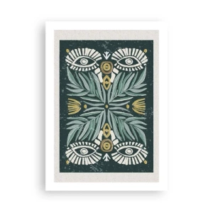 Plakat - Symetryczny wzór z liśćmi i oczami na ciemnym tle - 50x70cm - Jak ludowa wycinanka - Nowoczesna dekoracja ścienna do salonu, kuchni i sypialni ARTTOR