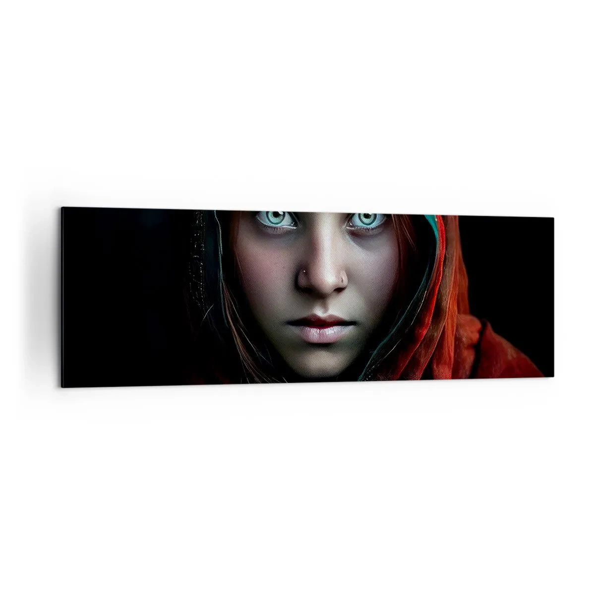 Obraz na płótnie - Portret kobiety z intensywnym spojrzeniem w ciepłych barwach - 160x50cm - Wschodnia księżniczka - Nowoczesna dekoracja ścienna do salonu i sypialni ARTTOR