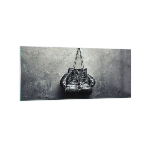 Obraz na szkle - Stare rękawice bokserskie na tle ściany - 120x50cm - Czas walki i czas pokoju - Nowoczesna dekoracja ścienna do salonu i sypialni ARTTOR