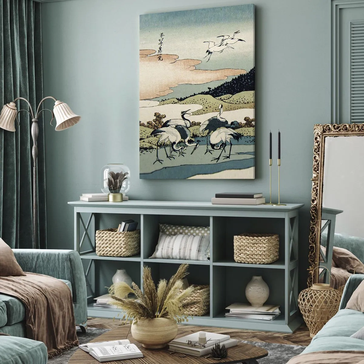 Obraz na płótnie - Tradycyjna japońska grafika z żurawiami nad wodą - 50x70cm - W japońskim duchu - Nowoczesna dekoracja ścienna do salonu, kuchni i sypialni ARTTOR
