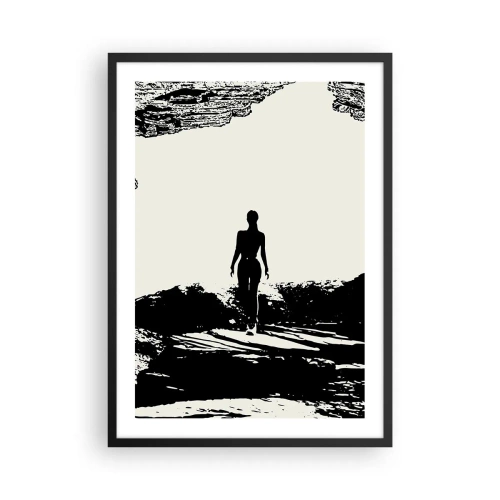 Plakat w czarnej ramie - Sylwetka kobiety wychodzącej z jaskini w kontrastowym stylu - 50x70cm - Nowe spojrzenie - Nowoczesna dekoracja ścienna do salonu i sypialni ARTTOR