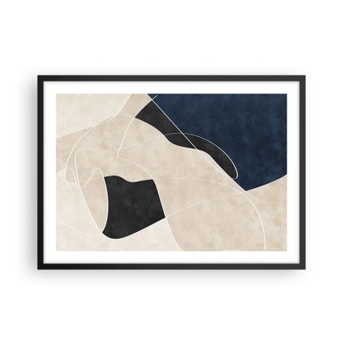 Plakat w czarnej ramie - Geometryczna abstrakcja w odcieniach beżu i granatu - 70x50cm - Kompozycja abstrakcyjna – kontrast barw - Nowoczesna dekoracja ścienna do salonu i sypialni ARTTOR