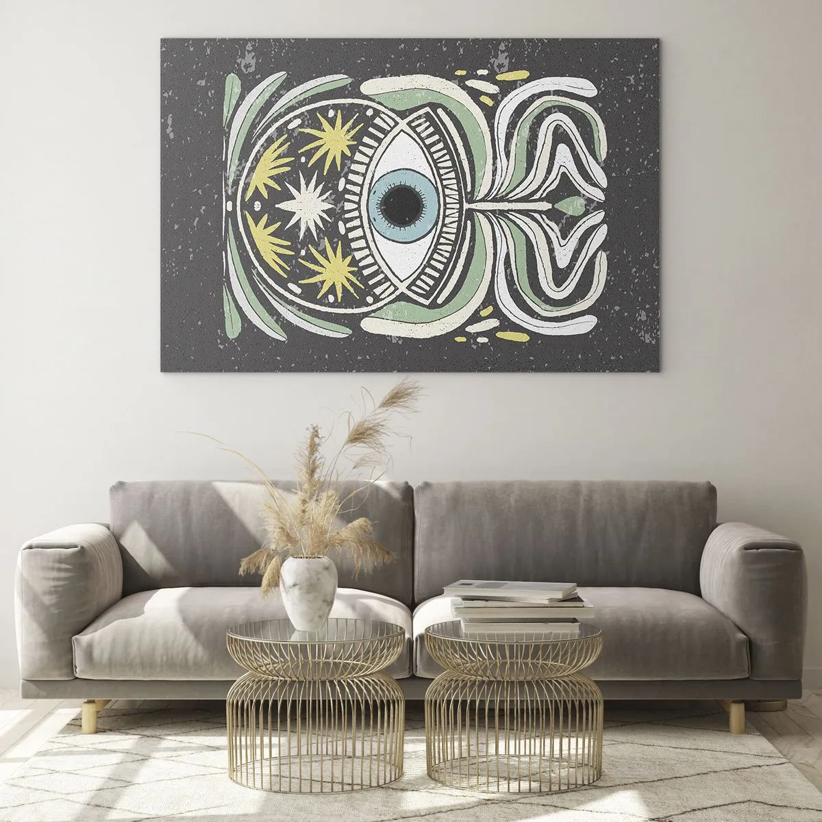 Obraz na szkle - Graficzne oko z ornamentyką plemienną na ciemnym tle - 70x50cm - Plemienne rytuały - Nowoczesna dekoracja ścienna do salonu i sypialni ARTTOR