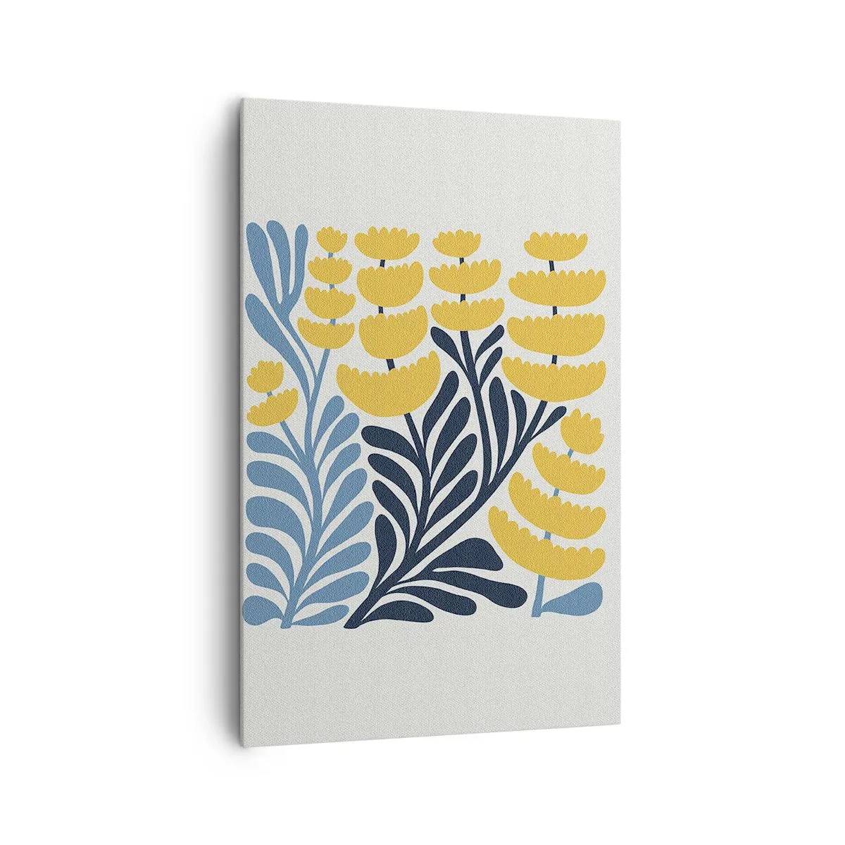 Obraz na płótnie - Minimalistyczne żółte kwiaty i niebieskie liście w skandynawskim stylu - 80x120cm - Słoneczna rabata - Nowoczesna dekoracja ścienna do salonu i sypialni ARTTOR