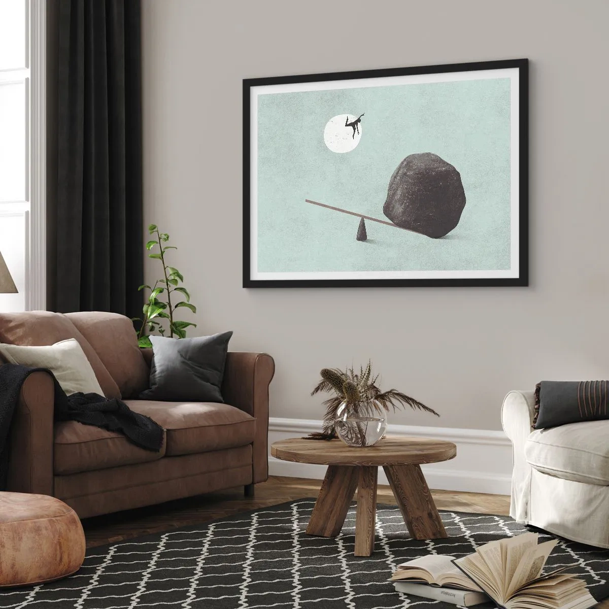 Plakat w czarnej ramie - Symboliczna scena z postacią i balansem na tle jasnego nieba - 100x70cm - Spełnione marzenie - Nowoczesna dekoracja ścienna do salonu i sypialni ARTTOR