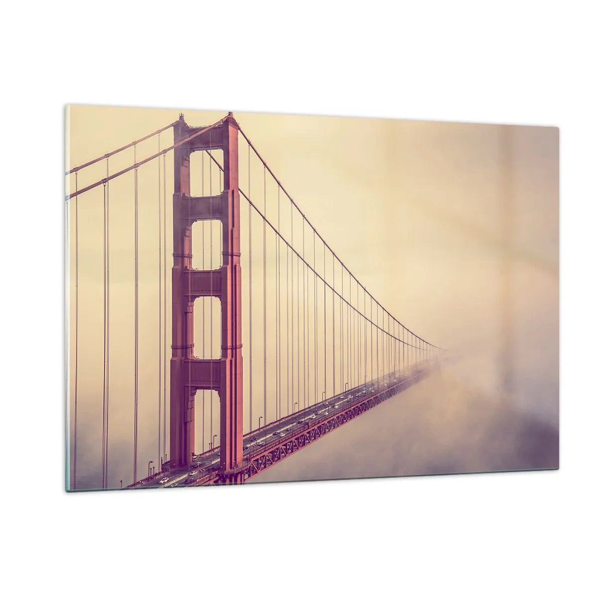 Obraz na szkle - Most Golden Gate w San Francisco w mglistym krajobrazie - 120x80cm - Między niebem a ziemią - Nowoczesna dekoracja ścienna do salonu, kuchni i sypialni ARTTOR