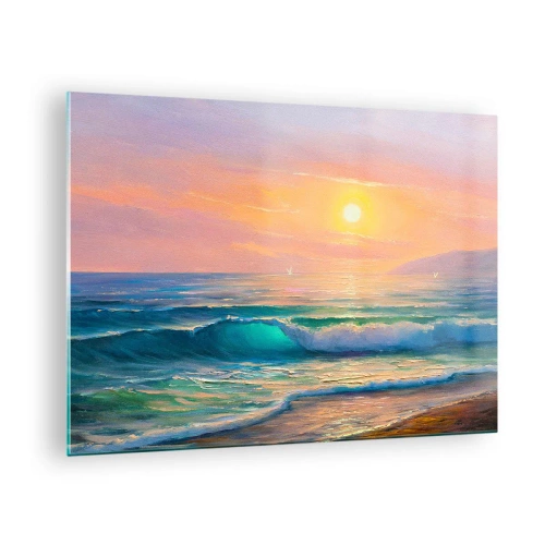 Obraz na szkle - Morski krajobraz z falami i zachodem słońca w turkusowych odcieniach - 70x50cm - Turkusowa pieśń fal - Nowoczesna dekoracja ścienna do salonu i sypialni ARTTOR