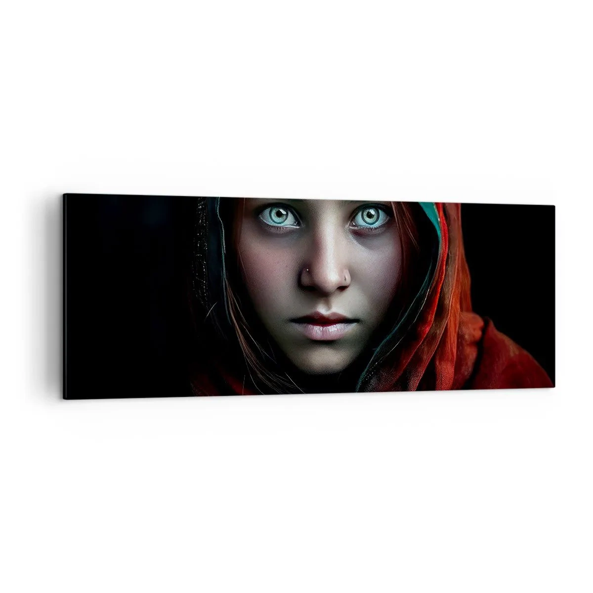 Obraz na płótnie - Portret kobiety z intensywnym spojrzeniem w ciepłych barwach - 140x50cm - Wschodnia księżniczka - Nowoczesna dekoracja ścienna do salonu i sypialni ARTTOR