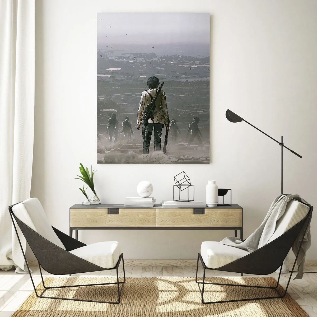 Obraz na szkle - Postać z bronią stojąca naprzeciw grupy w dystopijnym krajobrazie - 70x100cm - Ostatni sprawiedliwy? - Nowoczesna dekoracja ścienna do salonu i sypialni ARTTOR