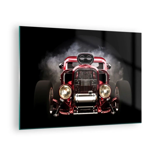 Obraz na szkle - Czerwony hot rod w gęstym dymie - 70x50cm - Szybki i wściekle piękny - Nowoczesna dekoracja ścienna do salonu i sypialni ARTTOR