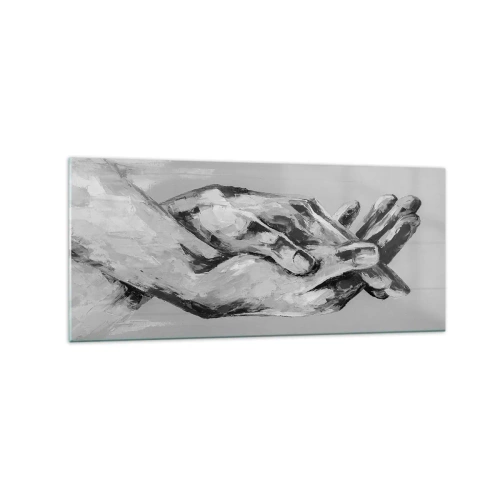 Obraz na szkle - Czarno-biała kompozycja dwóch splecionych dłoni na jasnym tle - 120x50cm - Początek… - Nowoczesna dekoracja ścienna do salonu i sypialni ARTTOR