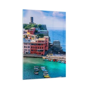 Obraz na szkle - Kolorowe miasteczko nad morzem z malowniczym portem - 80x120cm - Śródziemnomorskie magiczne miasteczko - Nowoczesna dekoracja ścienna do salonu i sypialni ARTTOR