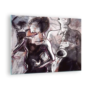 Obraz na szkle - Tancerki i saksofonista w artystycznym stylu szkicu - 70x50cm - Rozpłynąć się w muzyce - Nowoczesna dekoracja ścienna do salonu i sypialni ARTTOR