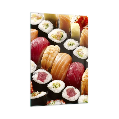 Obraz na szkle - Kolorowe sushi ułożone w rzędy z różnorodnymi dodatkami - 80x120cm - Barwy i smaki Azji - Nowoczesna dekoracja ścienna do salonu i sypialni ARTTOR