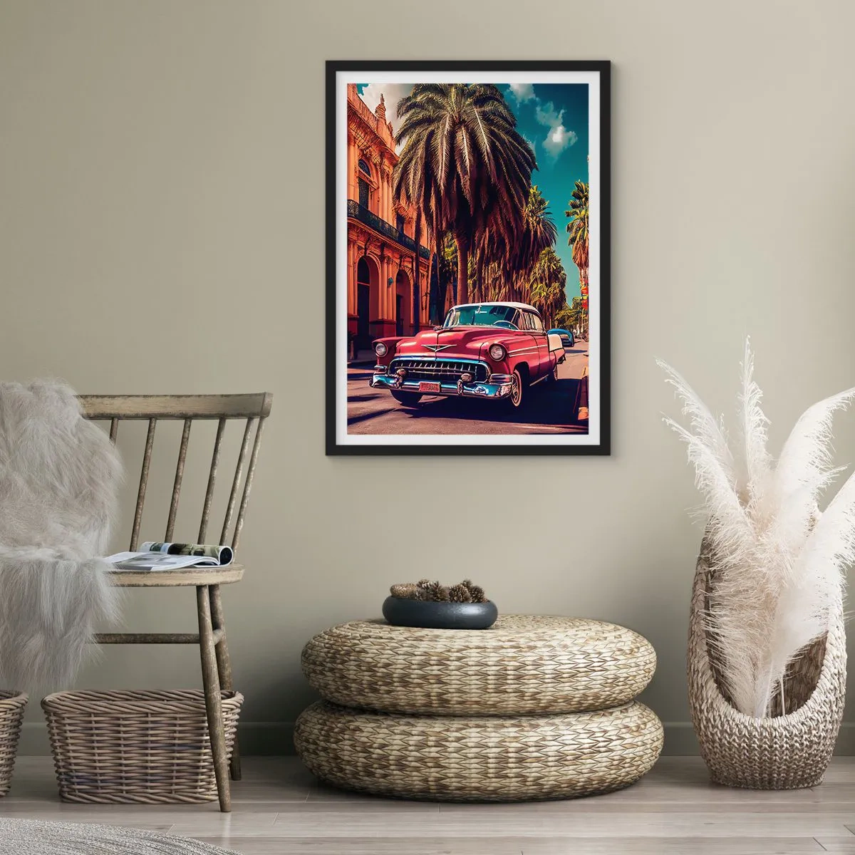 Plakat w czarnej ramie - Klasyczny samochód na tle tropikalnego miasta - 50x70cm - Wciąż jeszcze w Hawanie - Nowoczesna dekoracja ścienna do salonu i sypialni ARTTOR