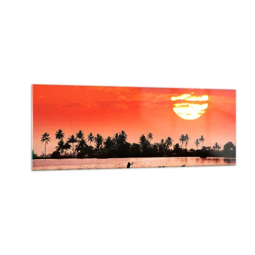 Obraz na szkle - Tropikalny zachód słońca z łodzią na tle palm - 140x50cm - Spokój tropików o zachodzie - Nowoczesna dekoracja ścienna do salonu i sypialni ARTTOR