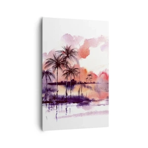 Obraz na płótnie - Tropikalny pejzaż z palmami o zachodzie słońca w akwareli - 80x120cm - Spokój tropików w czerwieni - Nowoczesna dekoracja ścienna do salonu i sypialni ARTTOR