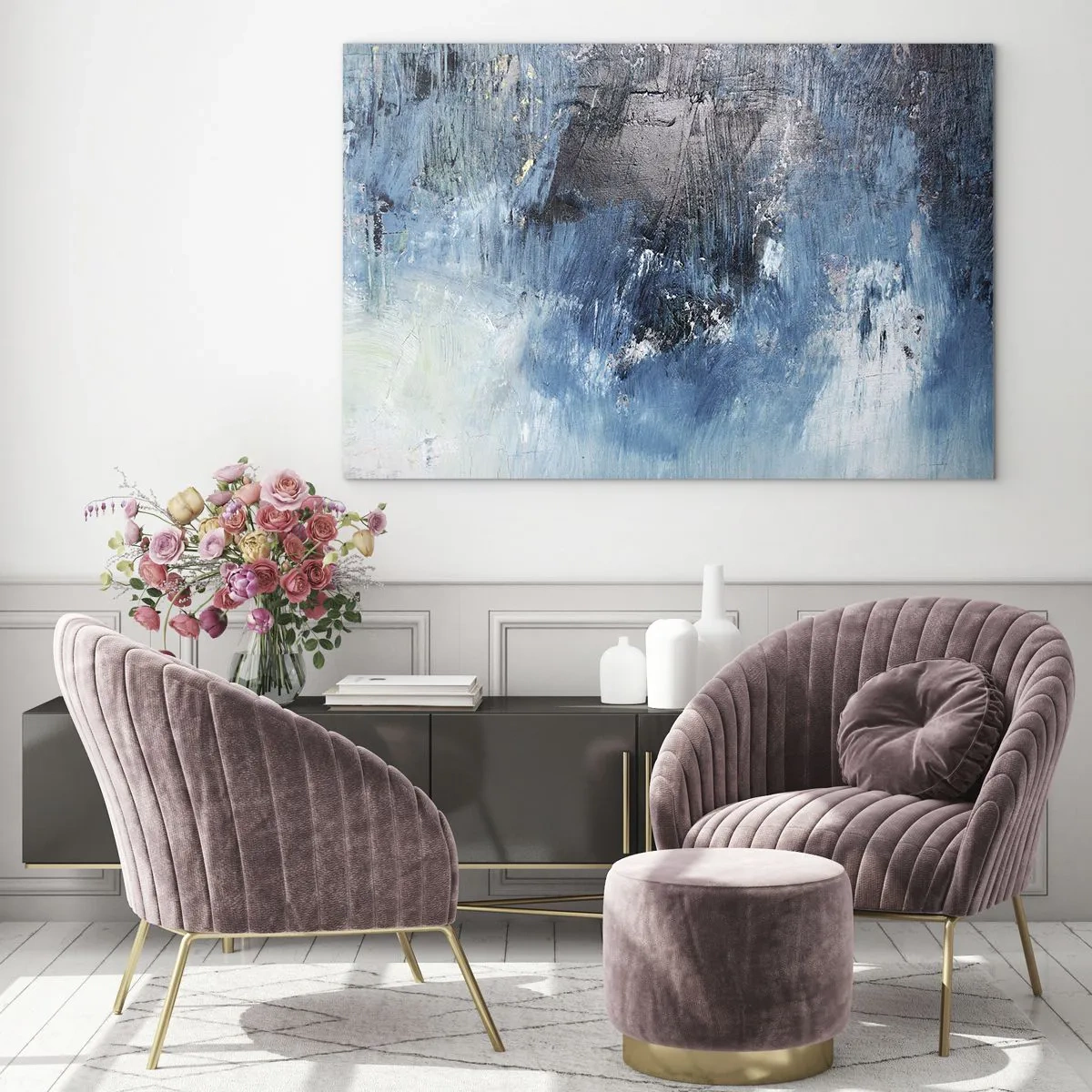 Obraz na szkle - Abstrakcyjna kompozycja w odcieniach niebieskiego - 70x50cm - Błękitna rapsodia - Nowoczesna dekoracja ścienna do salonu i sypialni ARTTOR