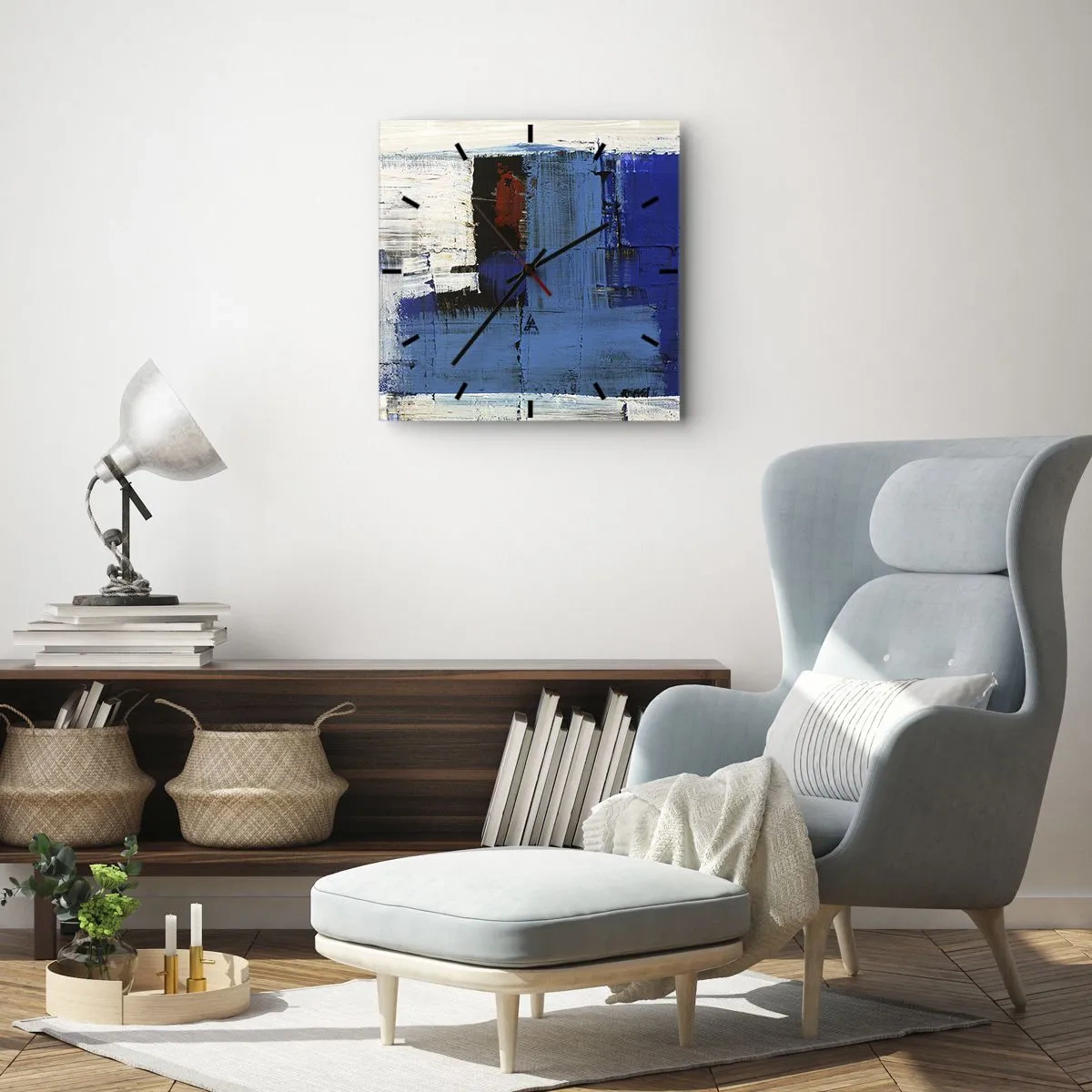 Zegar ścienny - Abstrakcyjna kompozycja w odcieniach niebieskiego i bieli - 30x30cm - Sekret błękitu - Nowoczesna dekoracja ścienna do salonu i sypialni ARTTOR