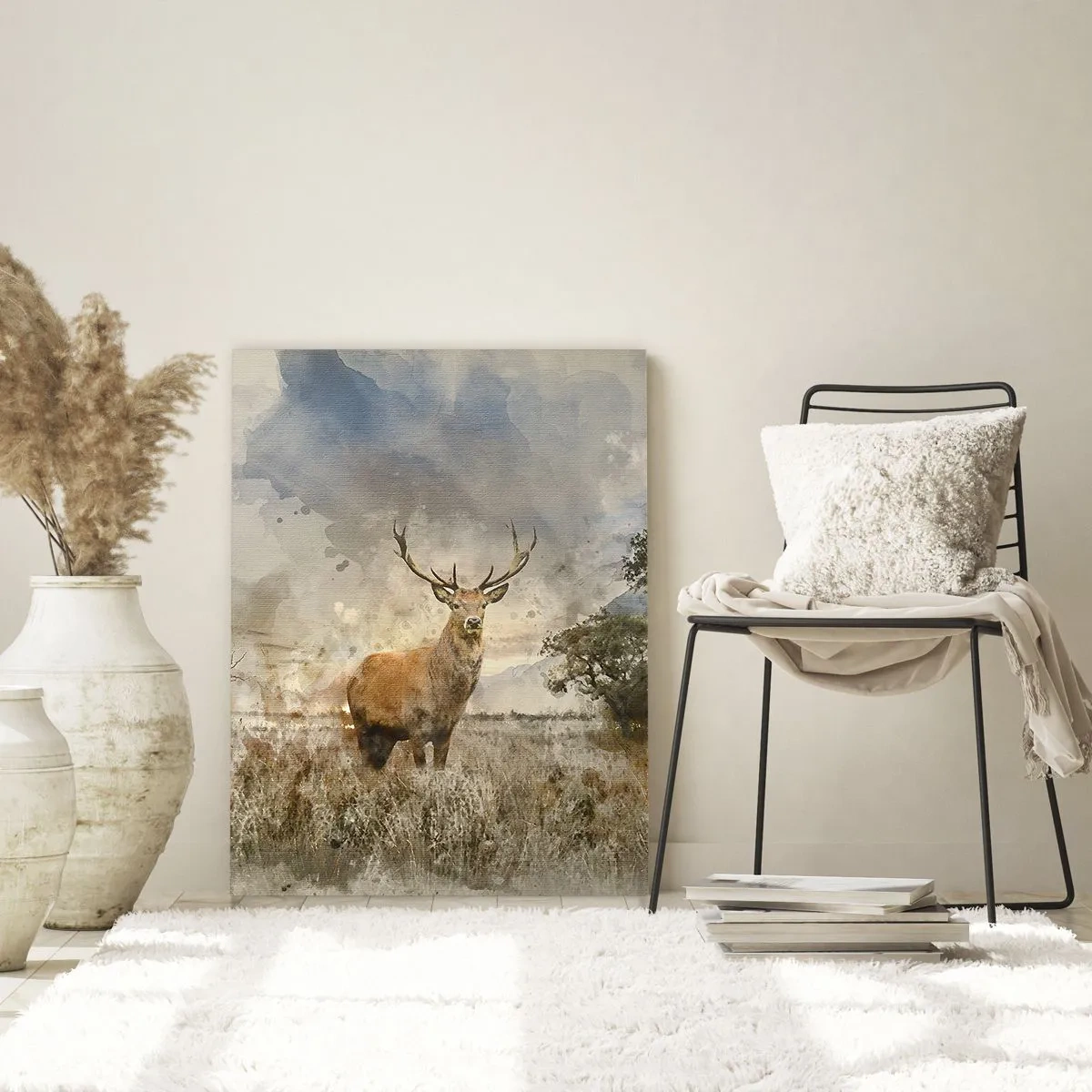 Obraz na szkle - Jeleń w naturalnym krajobrazie na tle subtelnych barw - 50x70cm - Godność - siła - dostojeństwo - Nowoczesna dekoracja ścienna do salonu, kuchni i sypialni ARTTOR