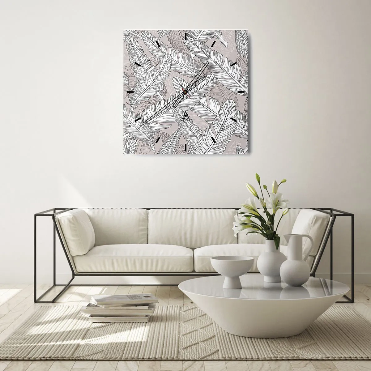 Zegar ścienny - Czarno-biały wzór z liśćmi bananowca na jasnym tle - 30x30cm - Pierzasta zawierucha - Nowoczesna dekoracja ścienna do salonu i sypialni ARTTOR