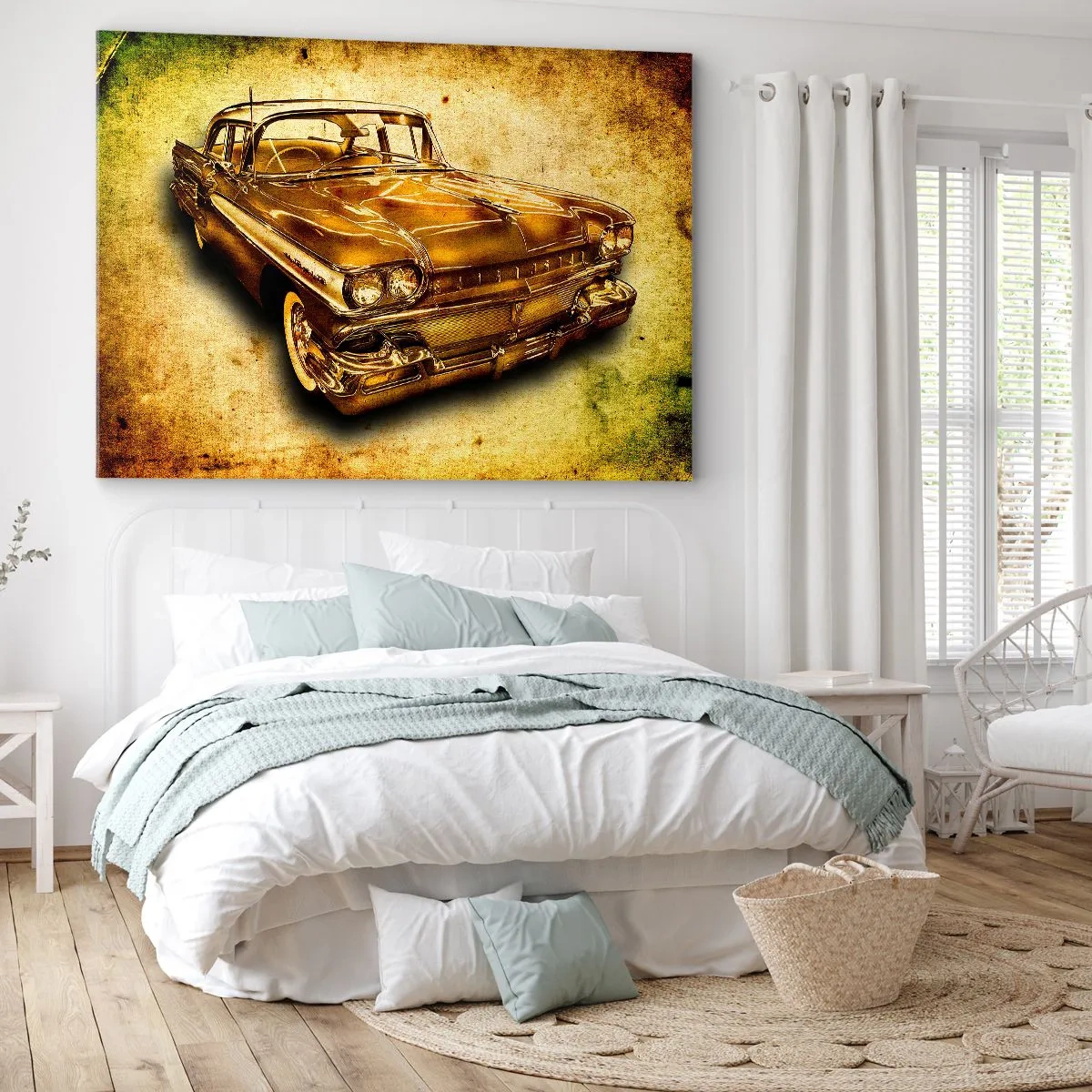 Obraz na płótnie - Złoty klasyczny samochód retro na tle vintage z efektem postarzenia - 70x50cm - Nieprzemijające piękno klasyki - Nowoczesna dekoracja ścienna do salonu i sypialni ARTTOR
