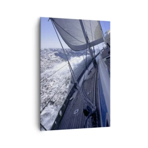 Obraz na płótnie - Żaglówka na wzburzonym morzu z białymi żaglami i drewnianym pokładem. - 70x100cm - Wiem, co to być ptakiem - Nowoczesna dekoracja ścienna do salonu i sypialni ARTTOR