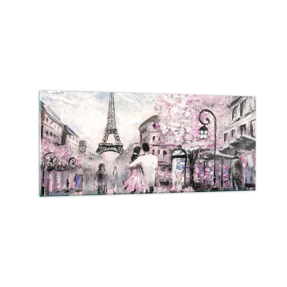 Obraz na szkle - Romantyczny spacer w Paryżu przy Wieży Eiffla - 120x50cm - Jak zakochac się, to tylko w… - Nowoczesna dekoracja ścienna do salonu i sypialni ARTTOR