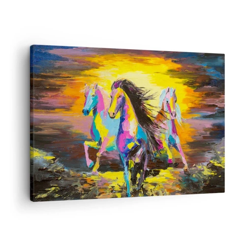 Obraz na płótnie - Kolorowe konie galopujące na tle zachodzącego słońca - 70x50cm - Zanurzone w tęczy - Nowoczesna dekoracja ścienna do salonu i sypialni ARTTOR