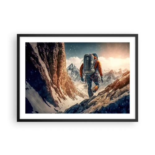 Plakat w czarnej ramie - Wspinacz na górskim szlaku w zimowym krajobrazie - 70x50cm - Samotny wojownik - Nowoczesna dekoracja ścienna do salonu i sypialni ARTTOR