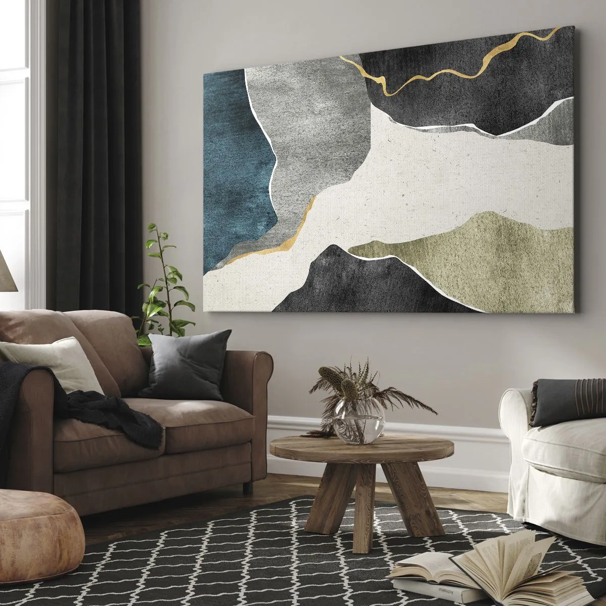 Obraz na płótnie - Geometryczne formy w odcieniach szarości, zieleni i złota - 70x50cm - Mozaikowa kompozycja z nitką złota - Nowoczesna dekoracja ścienna do salonu i sypialni ARTTOR