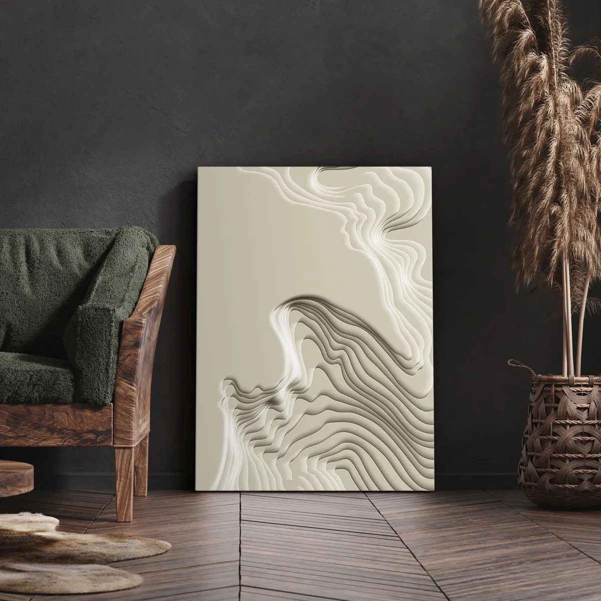 Obraz na płótnie - Abstrakcyjna kompozycja w odcieniach beżu i bieli z efektem topografii - 50x70cm - Topografia sztuki - Nowoczesna dekoracja ścienna do salonu, kuchni i sypialni ARTTOR