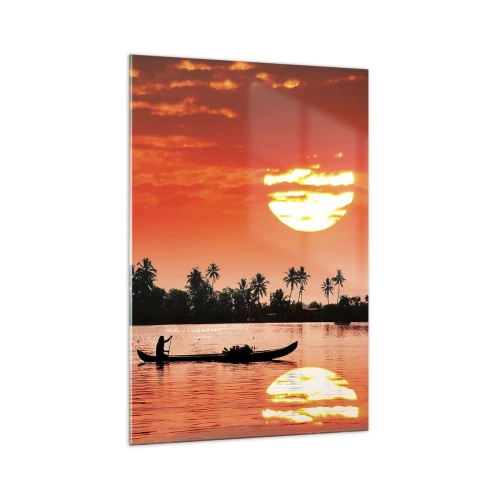 Obraz na szkle - Tropikalny zachód słońca z łodzią na tle palm - 70x100cm - Spokój tropików o zachodzie - Nowoczesna dekoracja ścienna do salonu i sypialni ARTTOR