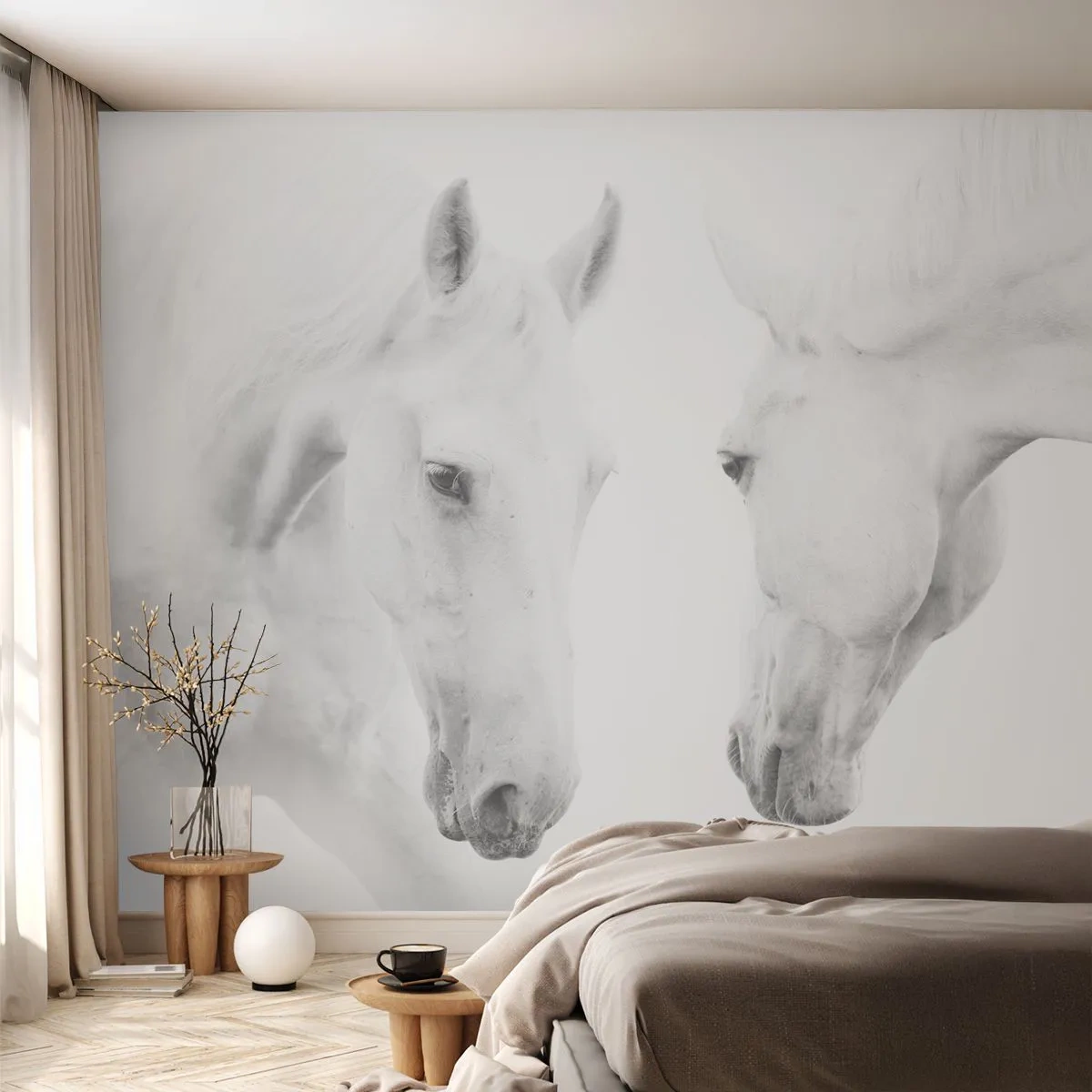 Fototapeta Premium Sand - Białe konie na białym tle w spokojnej pozie - 100x70cm - Czy to jest przyjaźń…? - Nowoczesna dekoracja ścienna do salonu, kuchni i sypialni ARTTOR
