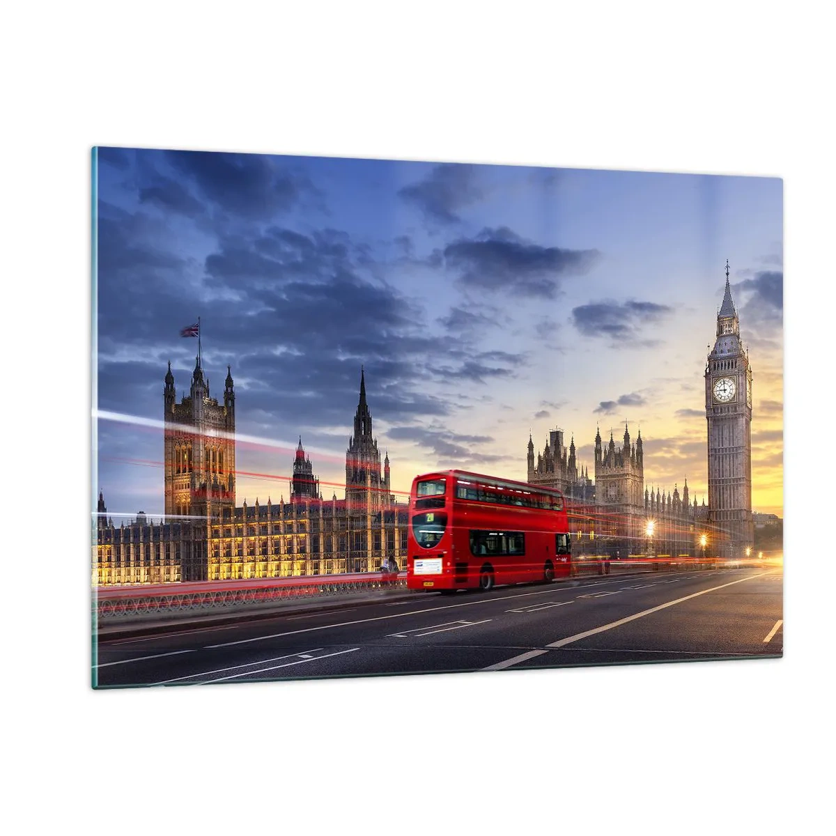 Obraz na szkle - Big Ben i czerwony autobus w Londynie o zachodzie słońca - 120x80cm - Znaki szczególne - Nowoczesna dekoracja ścienna do salonu, kuchni i sypialni ARTTOR