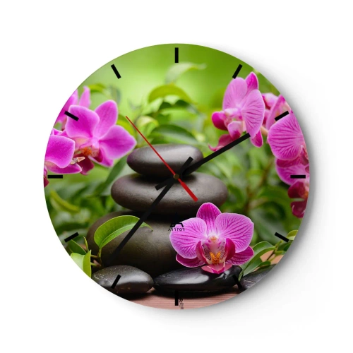 Zegar ścienny - Czarne kamienie i różowe orchidee na tle zieleni - 30x30cm - Piramida spokoju - Nowoczesna dekoracja ścienna do salonu, kuchni i sypialni ARTTOR