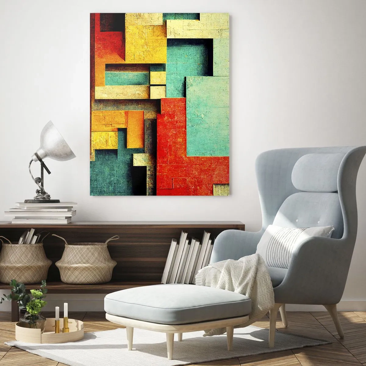 Obraz na szkle - Abstrakcyjne geometryczne kształty w żywych kolorach - 70x100cm - Festiwal kątów prostych - Nowoczesna dekoracja ścienna do salonu i sypialni ARTTOR