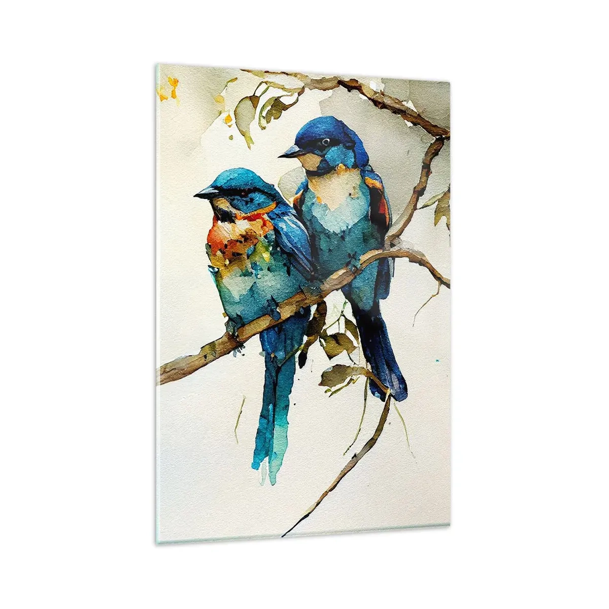 Obraz na szkle - Trzy kolorowe ptaki na gałęzi w akwarelowym stylu - 80x120cm - Obraził się? - Nowoczesna dekoracja ścienna do salonu i sypialni ARTTOR
