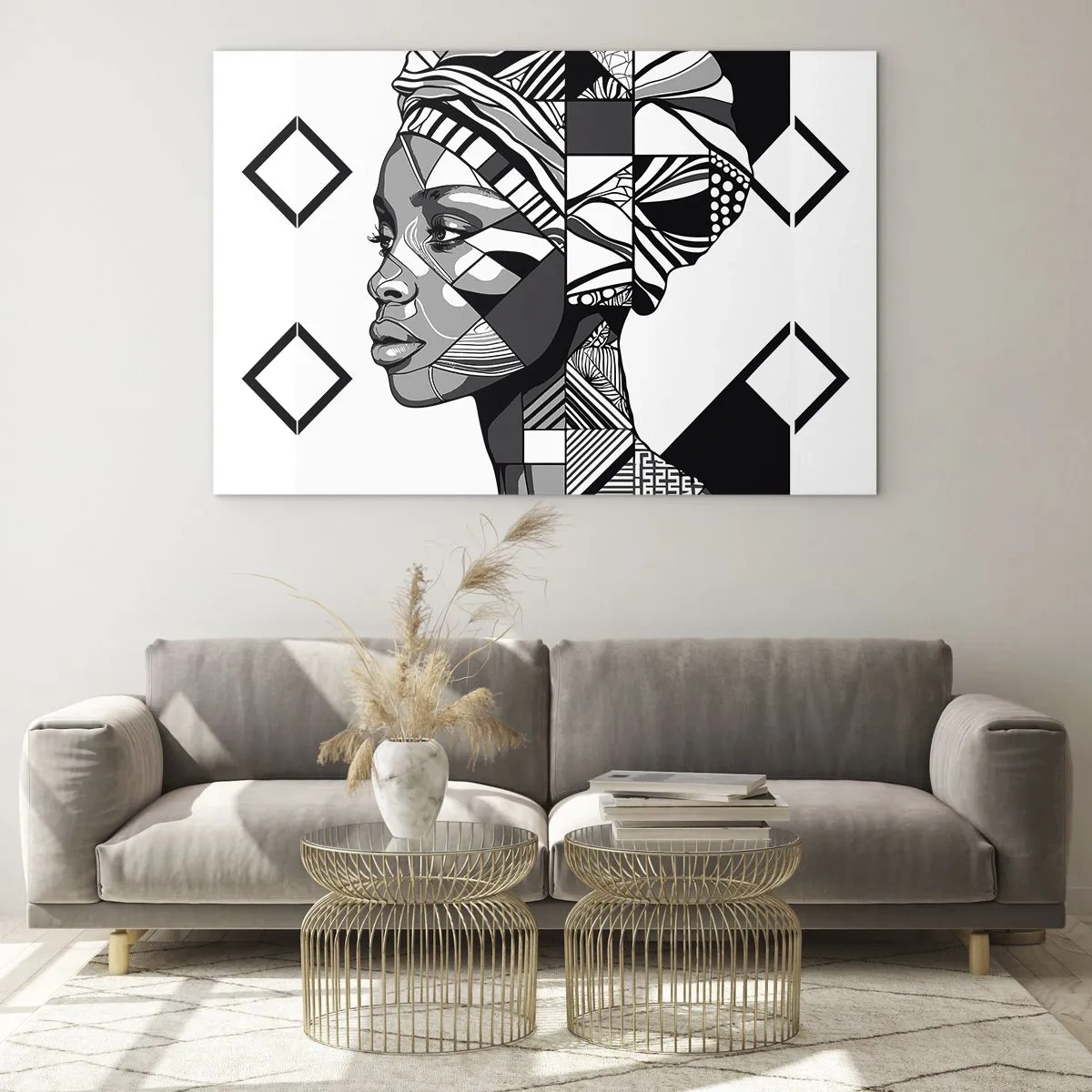 Obraz na szkle - Czarno-biały etniczny portret kobiety w geometrycznych wzorach - 70x50cm - Portret etniczny - Nowoczesna dekoracja ścienna do salonu i sypialni ARTTOR