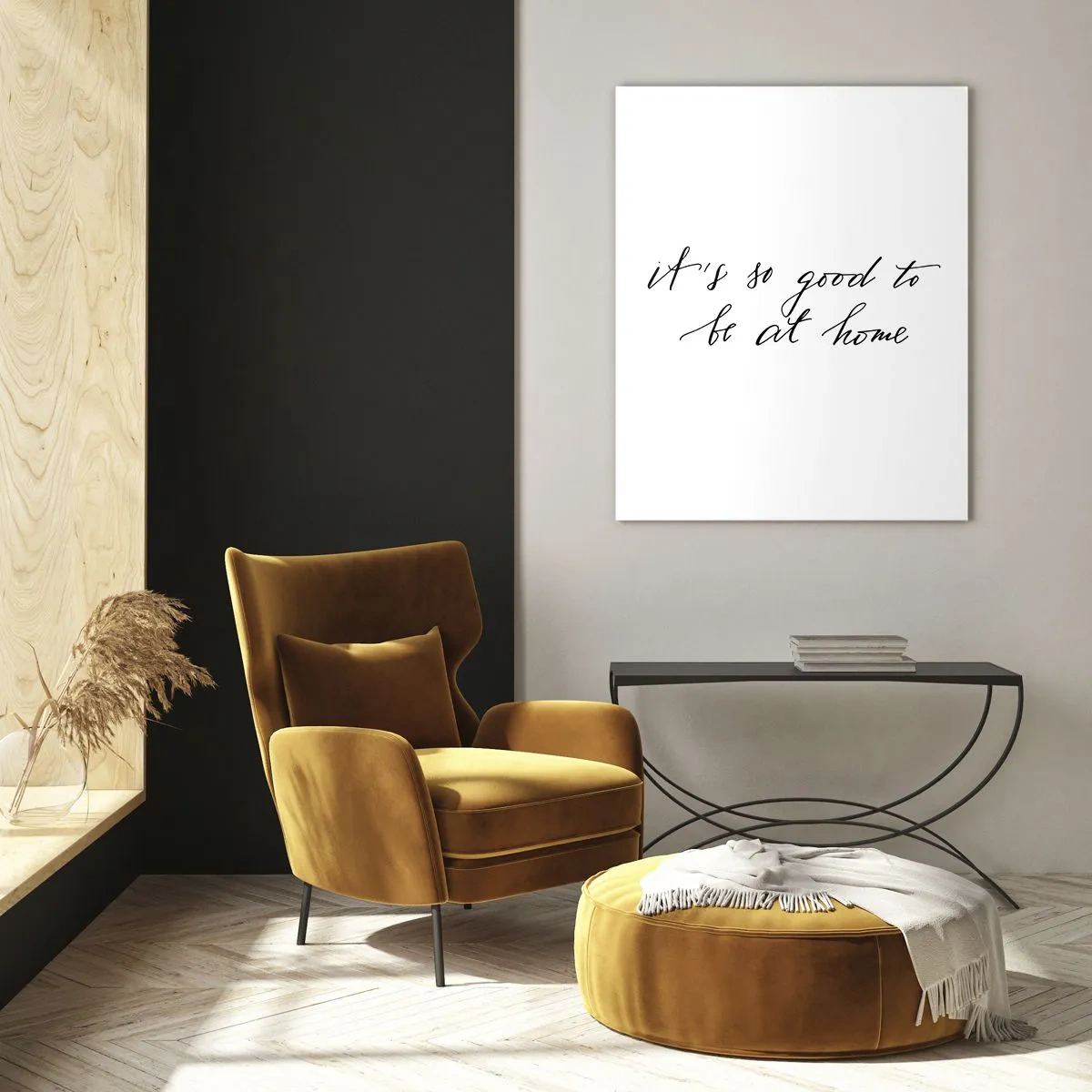 Obraz na szkle - Cytat 'It's so good to be at home' na białym tle - 50x70cm - Cała prawda - Nowoczesna dekoracja ścienna do salonu, kuchni i sypialni ARTTOR