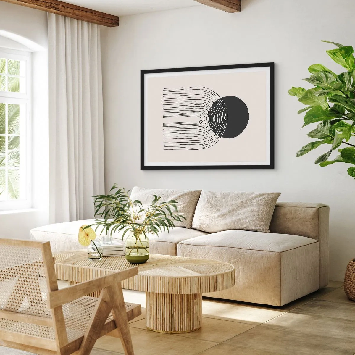Plakat w czarnej ramie - Abstrakcyjny wzór z liniami i czarnym kołem na jasnym tle - 70x50cm - Drżenie i pewność - Nowoczesna dekoracja ścienna do salonu i sypialni ARTTOR