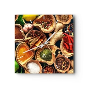 Zegar ścienny - Miseczki z przyprawami w różnych kolorach - 30x30cm - Bierz, co chcesz - Nowoczesna dekoracja ścienna do salonu i sypialni ARTTOR