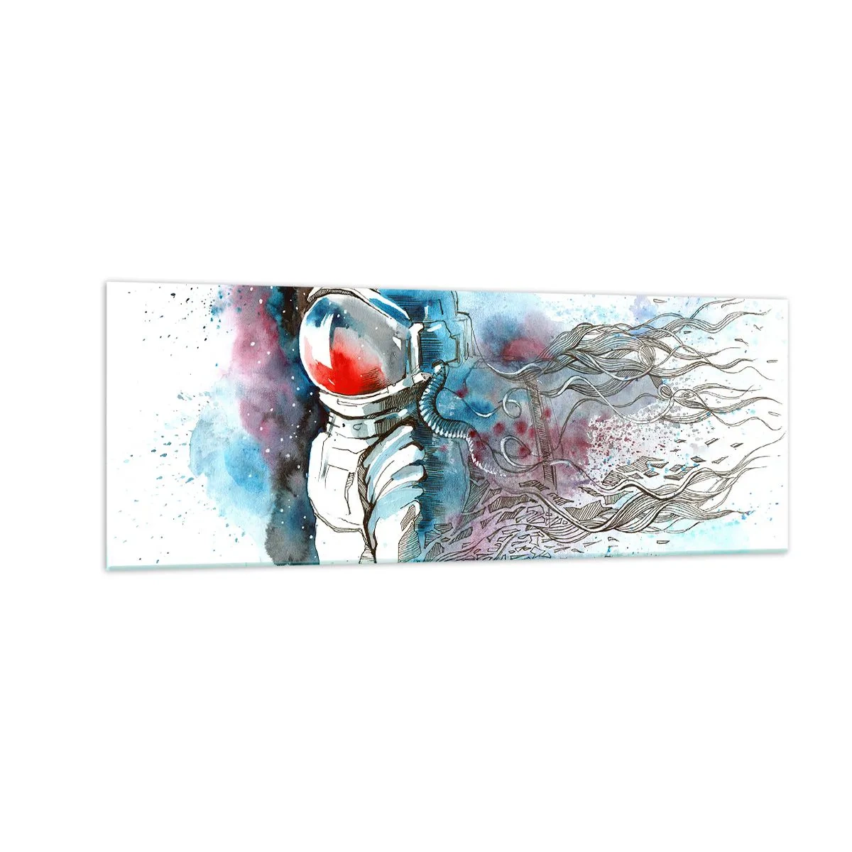 Obraz na szkle - Kosmonauta w dynamicznej akwareli z kosmicznymi detalami - 140x50cm - Sam na sam z kosmosem - Nowoczesna dekoracja ścienna do salonu i sypialni ARTTOR