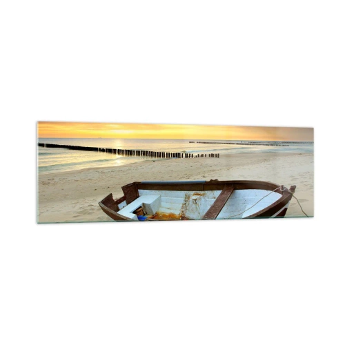 Obraz na szkle - Łódka na piaszczystej plaży o zachodzie słońca - 160x50cm - Nie ma piękniejszych plaż - Nowoczesna dekoracja ścienna do salonu i sypialni ARTTOR