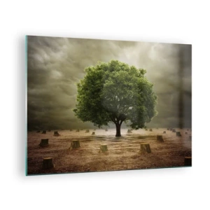 Obraz na szkle - Zielone drzewo otoczone pniami na tle ponurego nieba - 70x50cm - Cała nadzieja - Nowoczesna dekoracja ścienna do salonu i sypialni ARTTOR