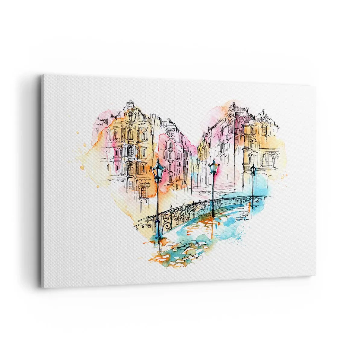 Obraz na płótnie - Akwarela mostu i kamienic w sercowym kształcie - 120x80cm - Serce miasta - Nowoczesna dekoracja ścienna do salonu, kuchni i sypialni ARTTOR