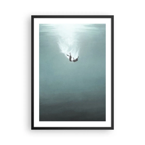 Plakat w czarnej ramie - Sylwetka człowieka opadającego w głębię wody - 50x70cm - W objęciach oceanu - Nowoczesna dekoracja ścienna do salonu i sypialni ARTTOR
