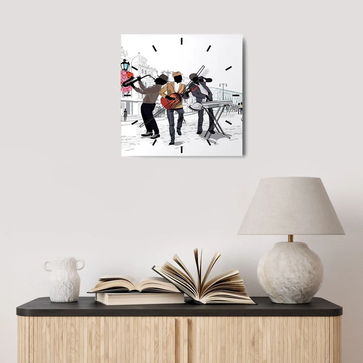 Zegar ścienny - Uliczni muzycy grający na tle miejskiego krajobrazu - 30x30cm - Muzyka ulicy - Nowoczesna dekoracja ścienna do salonu i sypialni ARTTOR