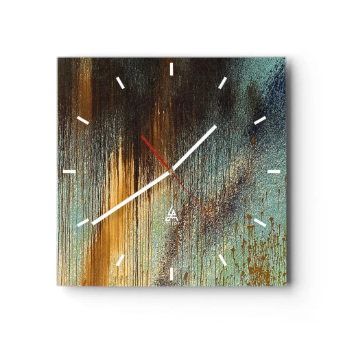 Zegar ścienny - Abstrakcyjna kompozycja barw w odcieniach złota, brązu i błękitu - 30x30cm - Nieprzypadkowa barwna kompozycja - Nowoczesna dekoracja ścienna do salonu i sypialni ARTTOR