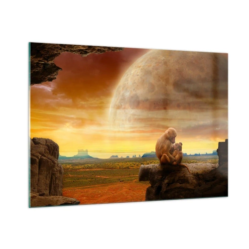 Obraz na szkle - Małpy siedzące na skale na tle ogromnego księżyca - 100x70cm - Miłość wszędzie ta sama - Nowoczesna dekoracja ścienna do salonu, kuchni i sypialni ARTTOR
